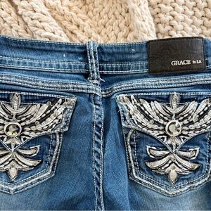 Grace Women's Blue Boot Cut Jeans with Embellished Pockets